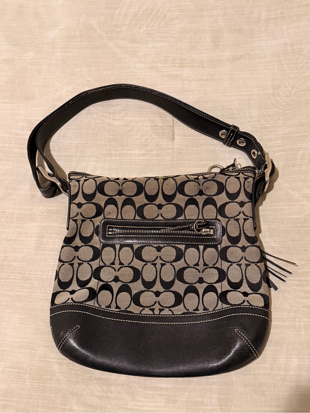 Coach Signature Canvas Shoulder Bag in Black and Khaki
